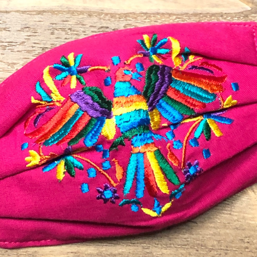 Mexican Embroidered Face Mask Hot Pink Otomi Style - Picture 3 of 4